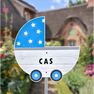 Geboortebord tuin kinderwagen blauw